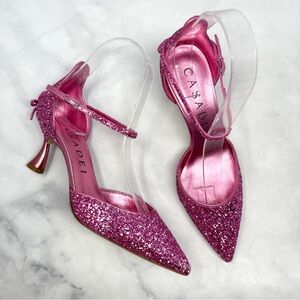 NEW Casadei Glitter Bow Back Pointed Toe Kitten Heel Pumps Pink Designer Formal